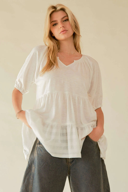 Davi & Dani Ruffled Flared Short Sleeve V Neck Blouse WHITE