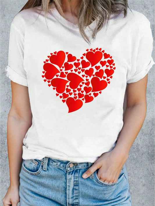 Heart Round Neck Short Sleeve T-Shirt White