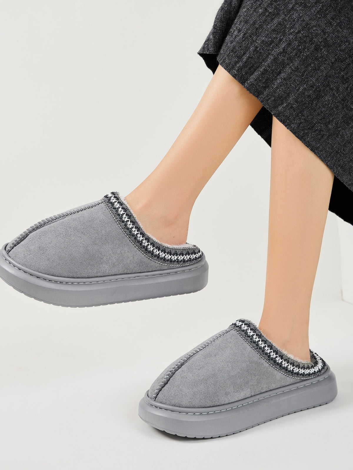Faux Fur Suede Platform Slippers Gray