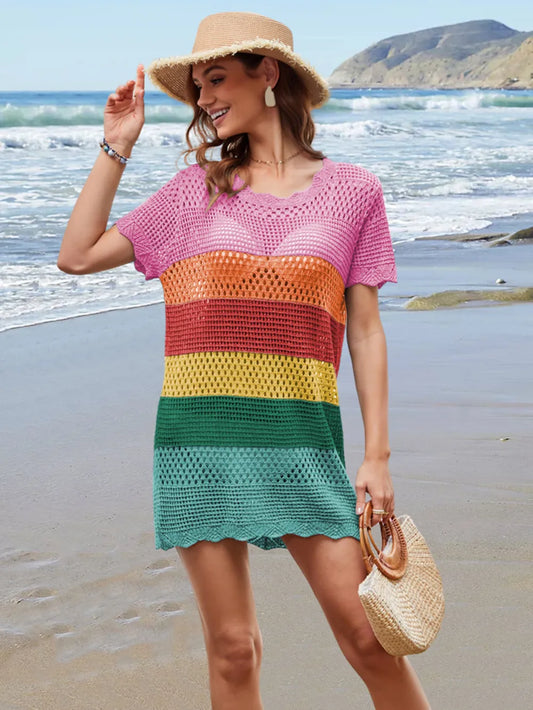 Openwork Round Neck Short Sleeve Cover-UP Rainbow