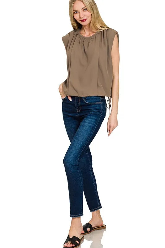 Zenana Woven Drawstring Tie Side Sleeveless Top MOCHA