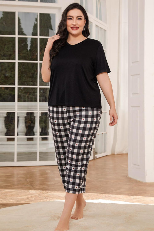 V-Neck Tee and Plaid Cropped Pants Lounge Set Black