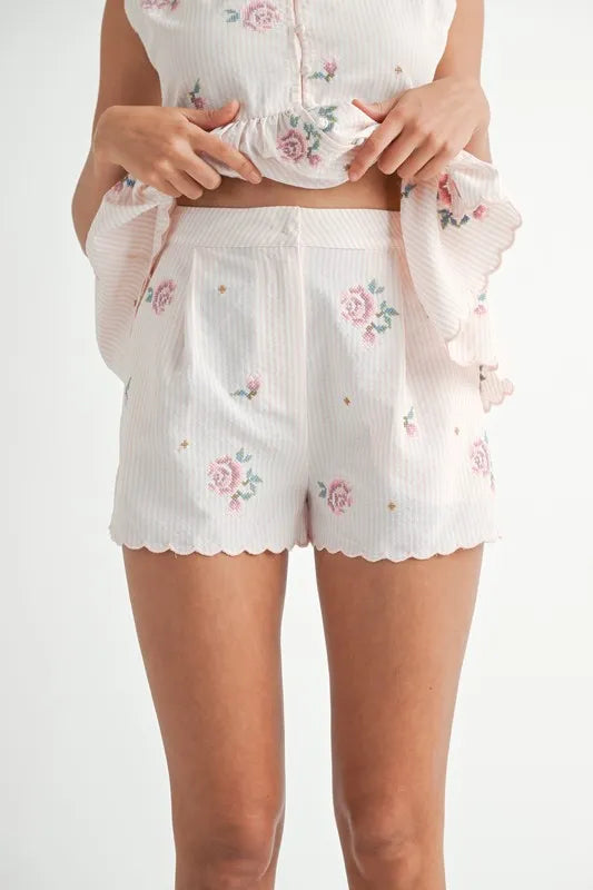 MABLE Stripe Embroidered Peplum Cami and Shorts Set
