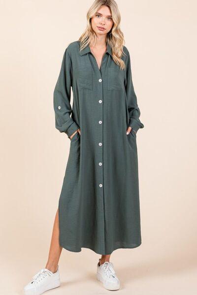 Mittoshop Airflow V-Neck Long Sleeve Button Down Maxi Dress Lt Hunter