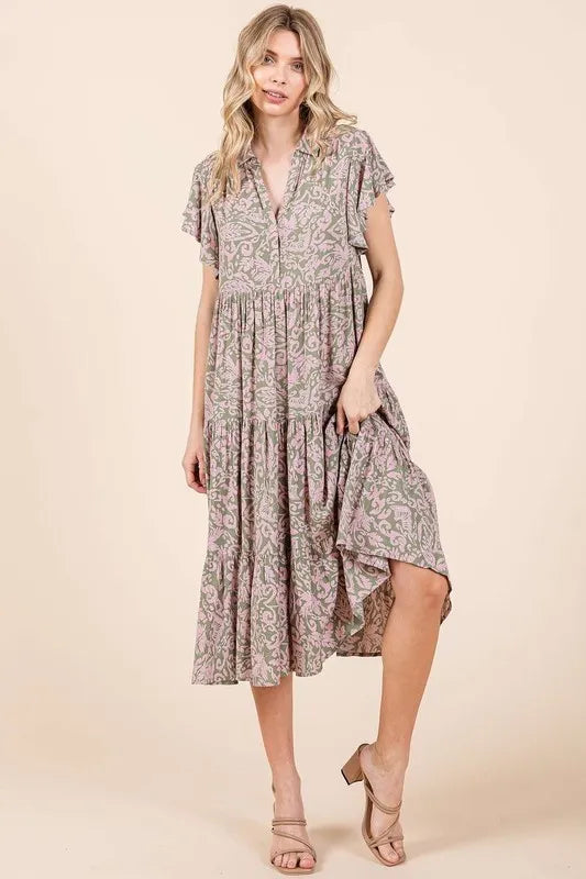 Mittoshop Abstract Print Ruffle Tier Midi Dress