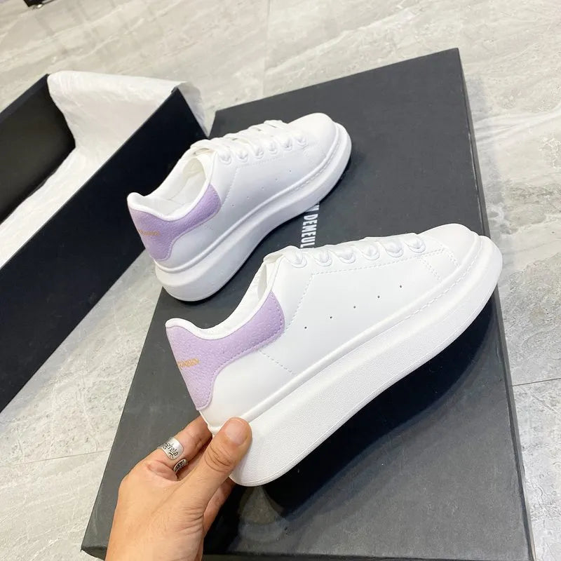 PU Leather Lace Up Round Toe Platform Sneakers Pink Purple