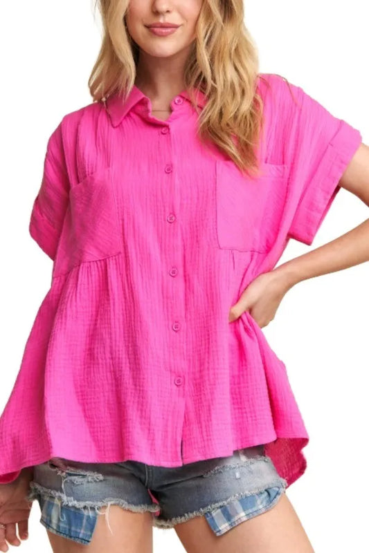 ADORA Button Down Solid Shirt W Pockets CANDY PINK