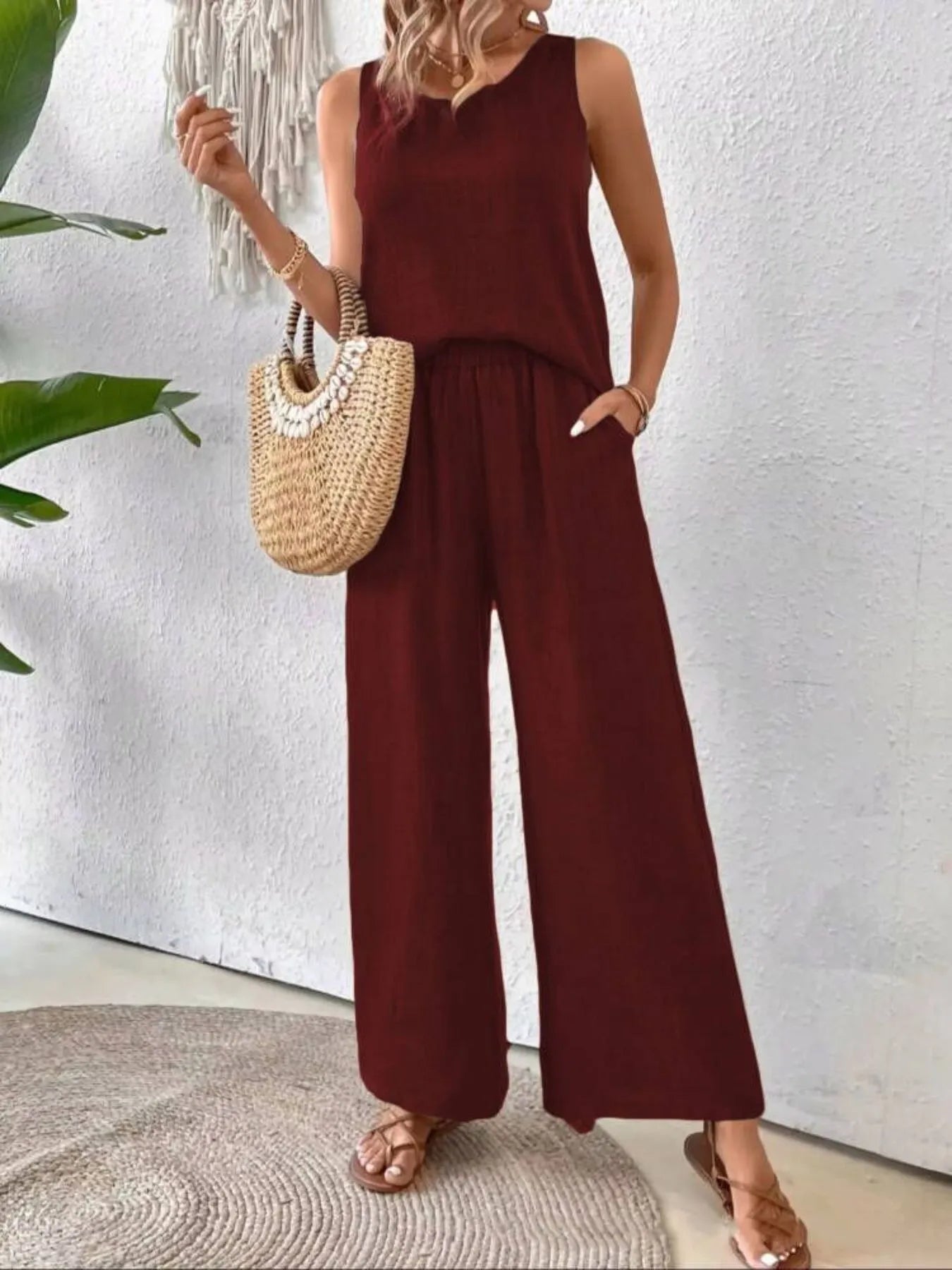 Round Neck Tank and Wide Leg Pants Set