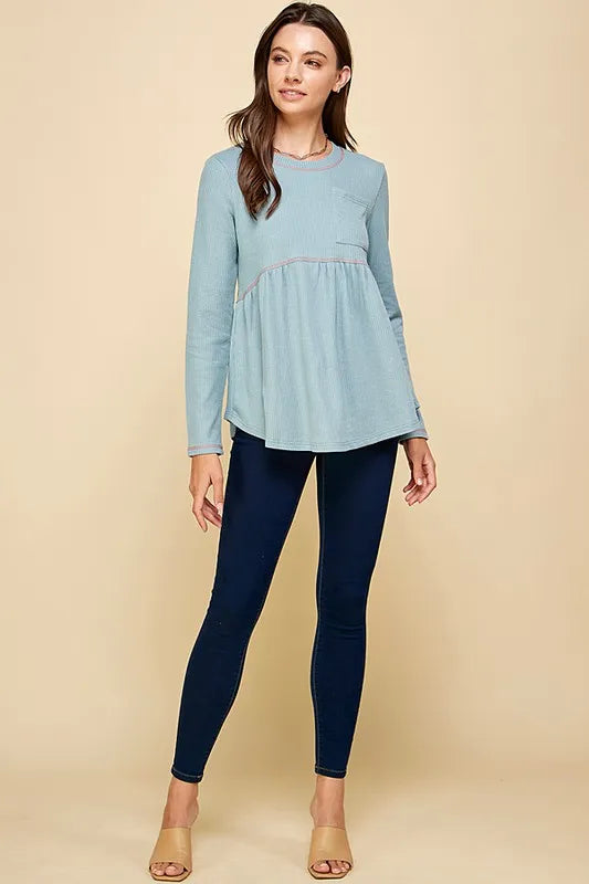Lime 'N' Chili Waffle Knit Babydoll Top with Left Pocket Detail
