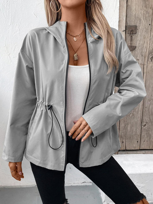Ivy Lane Drawstring Zip Up Hooded Jacket Gray