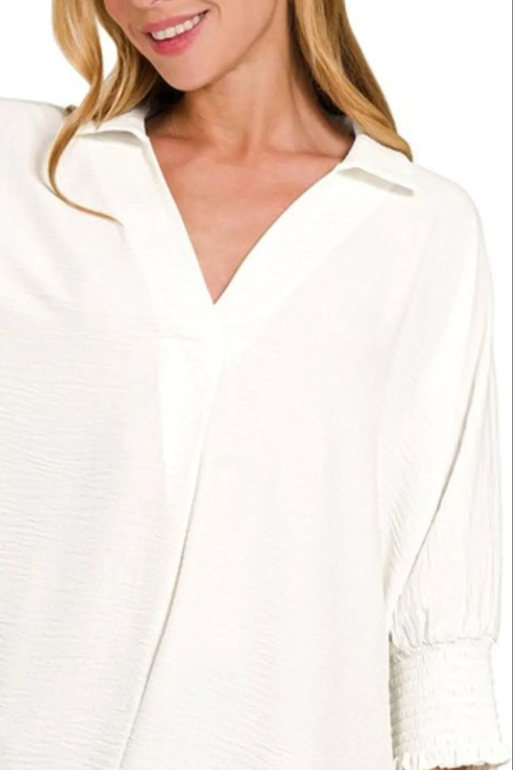 Zenana Airflow Collar Tee with Smocked Sleeve Band Top
