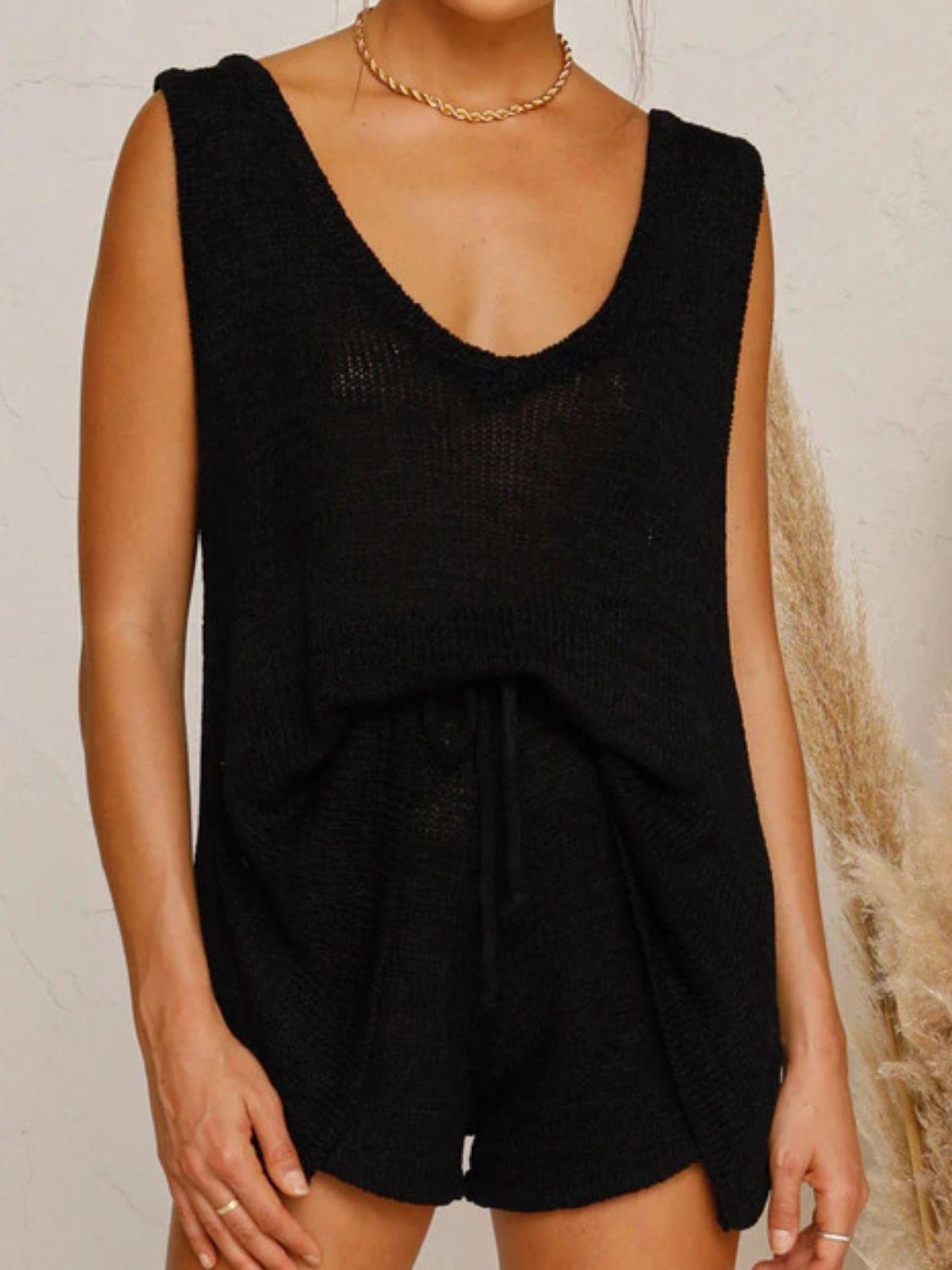 V-Neck Sleeveless Top and Drawstring Shorts Sweater Set Black