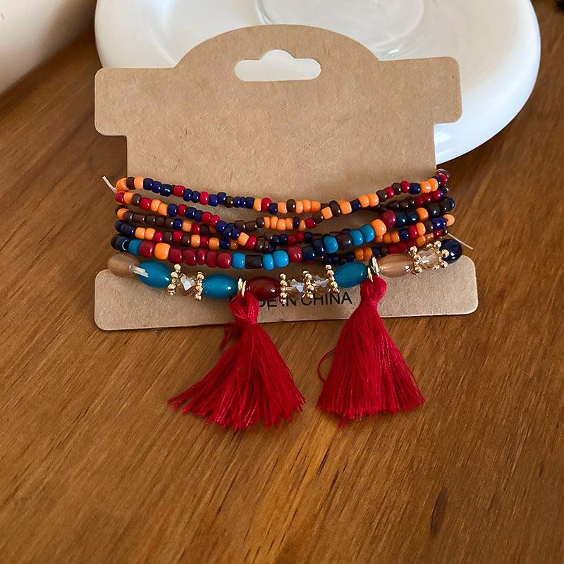 Tassel Rice Bead Bracelet Deep Red One Size