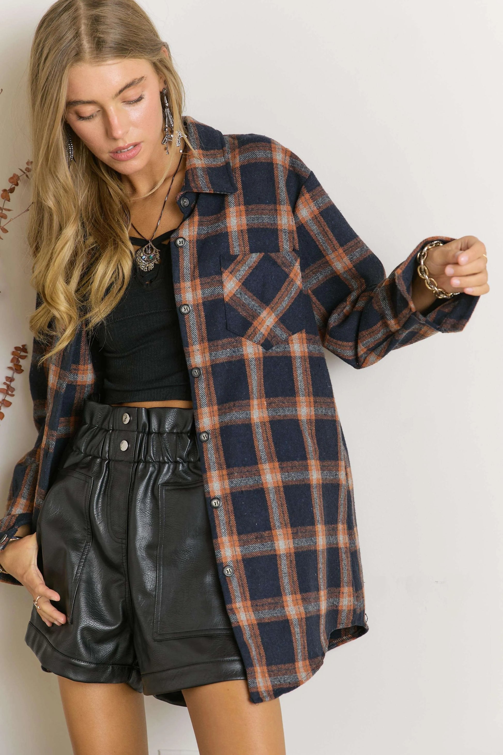ADORA Full Size Button Down Flannel Shirt Plus Size BLUE