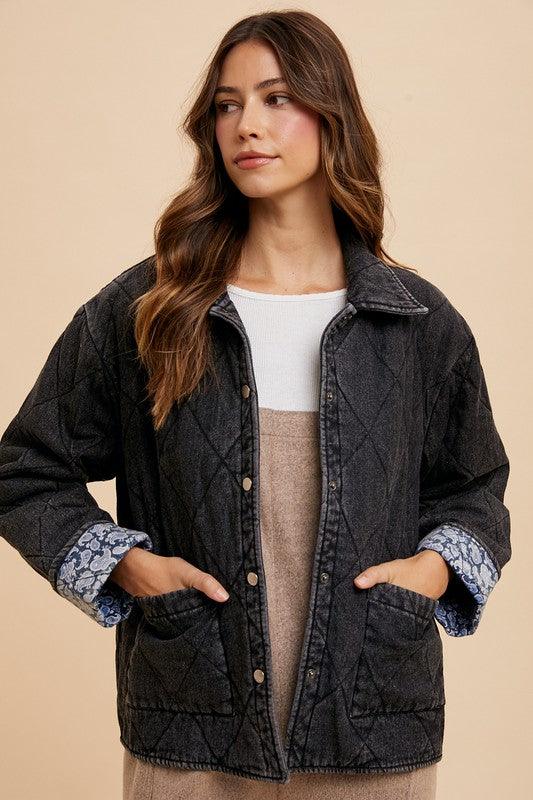 Annie Wear Quilted Printed Lining Snap Down Denim Jacket Black