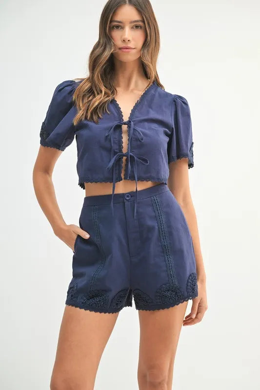 MABLE Crochet Lace Detail Crop Top and Shorts Set Lt Navy