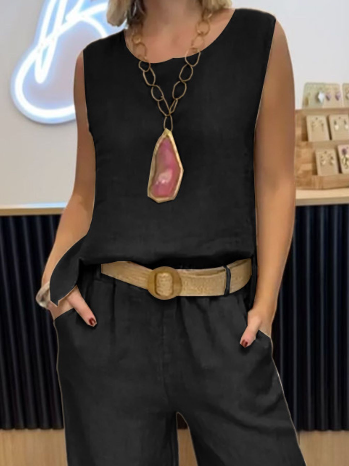 Full Size Round Neck Tank and Pants Set Plus Size