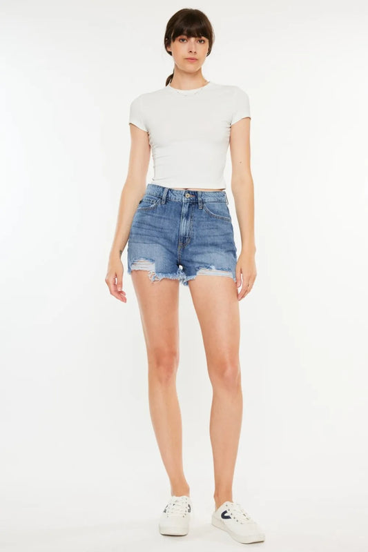 Kancan Distressed Raw Hem High Waist Denim Shorts MED