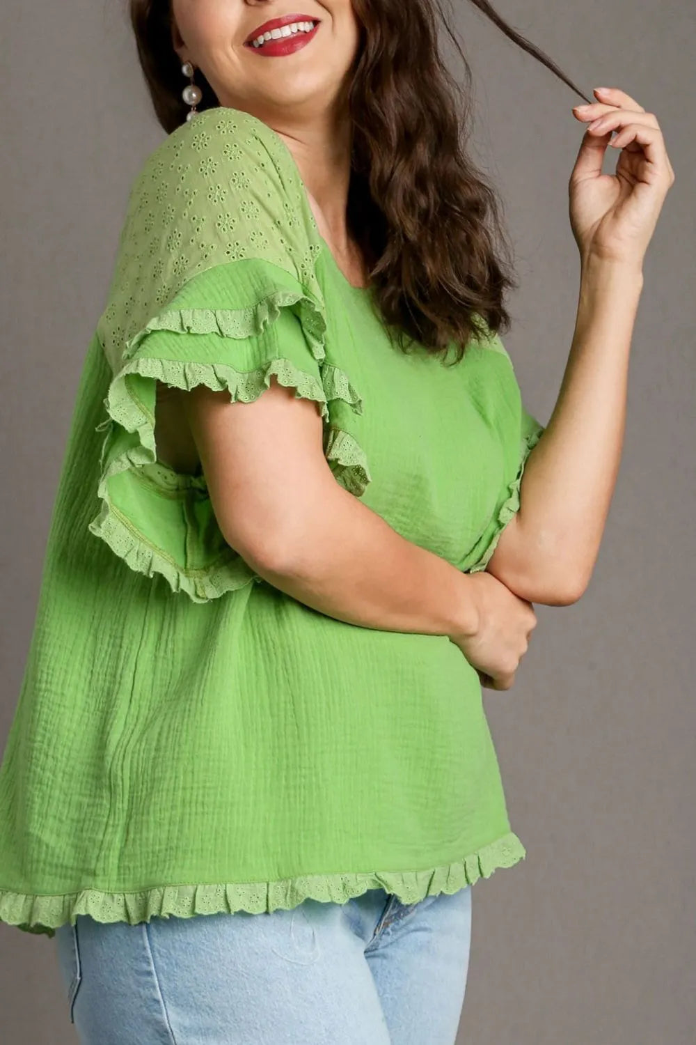Umgee Full Size Cotton Gauze Round Neck Ruffle Eyelet Layered Sleeve Blouse Plus Size