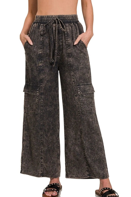Zenana Washed Linen Elastic Band Waist Cargo Pants ASH BLACK