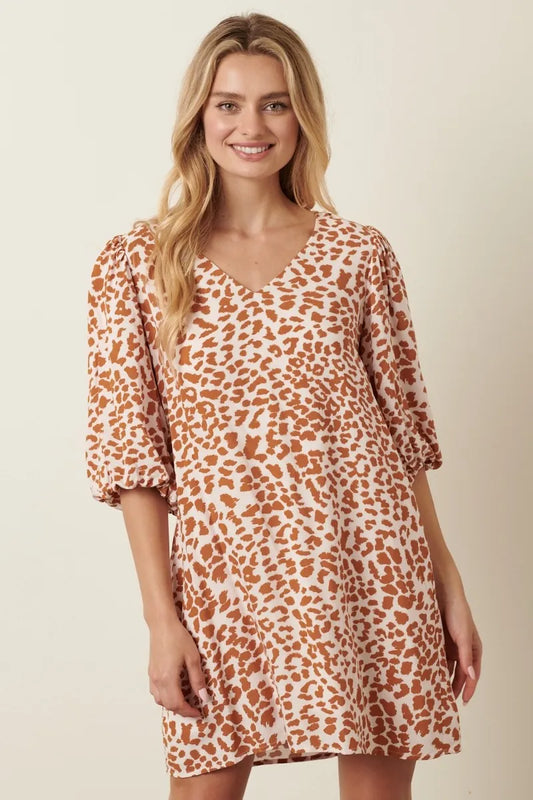 Mittoshop Animal Print Puff Sleeve Mini Dress MUSTARD