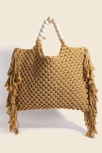 Fame Wooden Beaded Handle Braided Tote Bag Mustard One Size