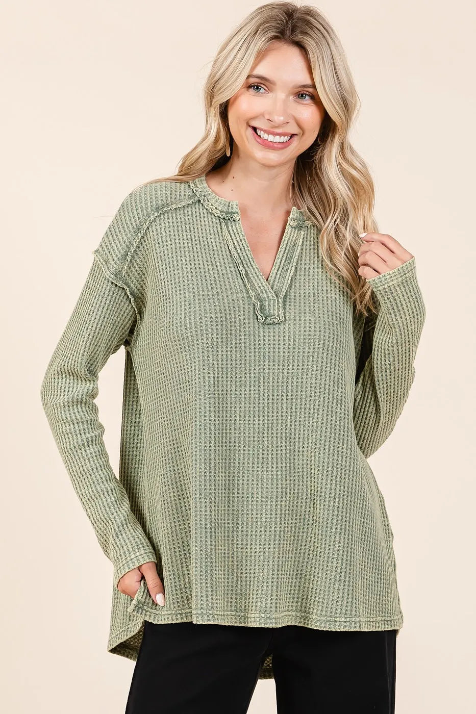 Mittoshop Mineral Wash Waffle Knit V-Neck Long Sleeve Top