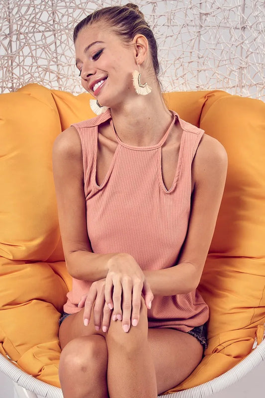 BiBi Rib Knit Shoulder Cut Out Detaied Top PEACH