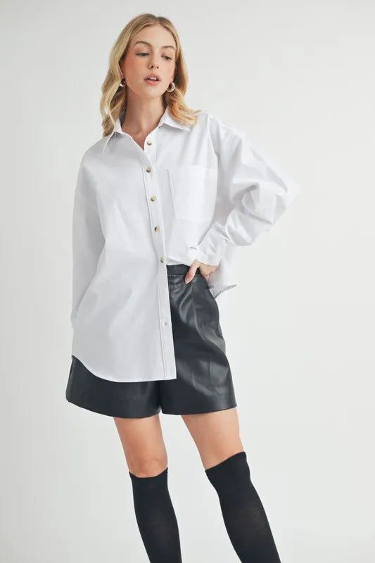 Aemi + Co High-Low Collared Neck Drop Shoulder Shirt White