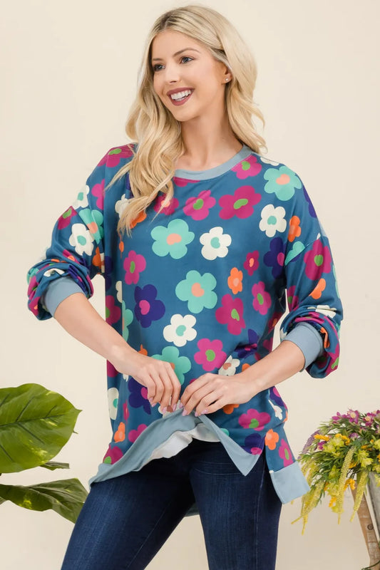Celeste Full Size Side Slit Flower Print Long Sleeve Top Teal Floral