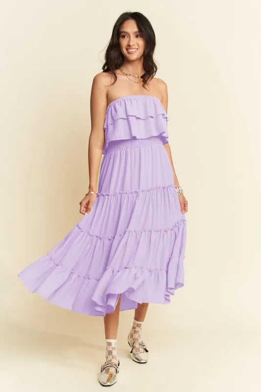 Davi & Dani Tiered Flowing Tube Midi Dress Lavender
