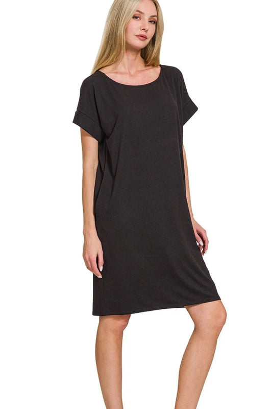 Zenana Rolled Short Sleeve Round Neck Dress BLACK