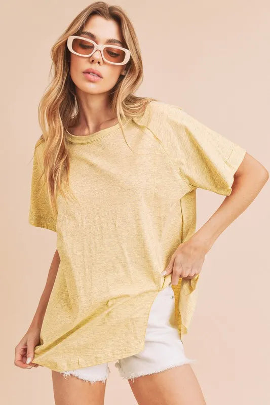 Aemi + Co Asymmetrical Front Slit Round Neck Raglan Sleeve T-Shirt