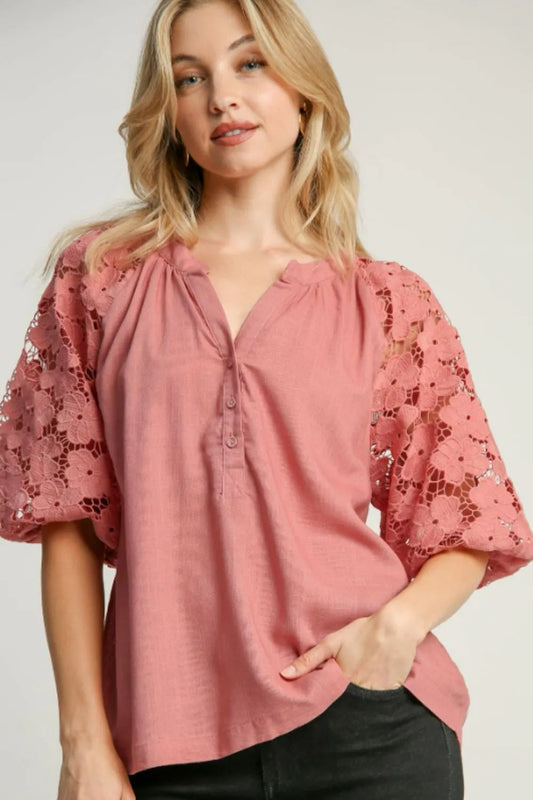 Umgee Full Size Lace Puff Sleeve Top Plus Size BLUSH