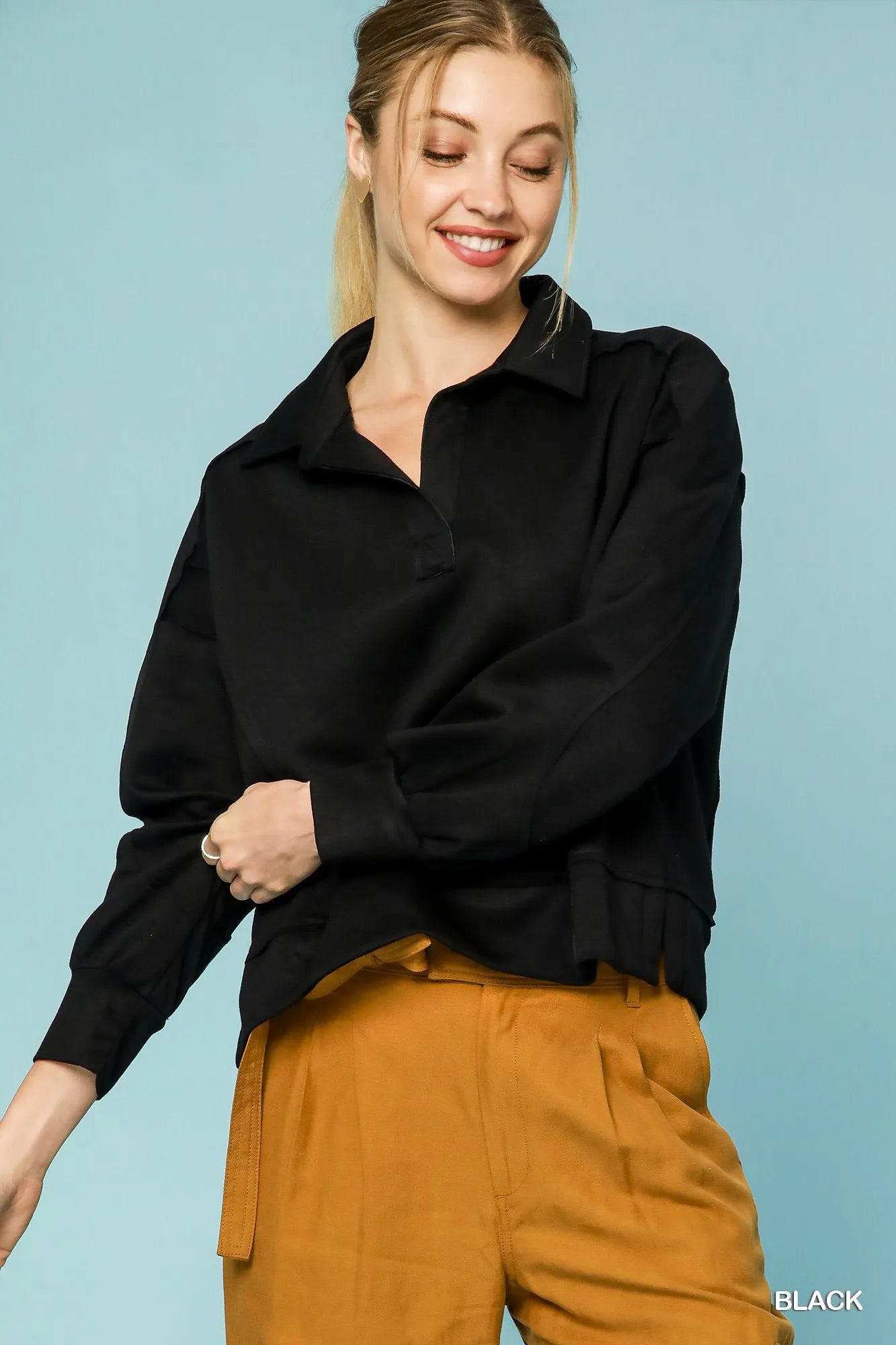 Umgee Collared Neck Long Sleeve Top with Raw Hem Detail Black