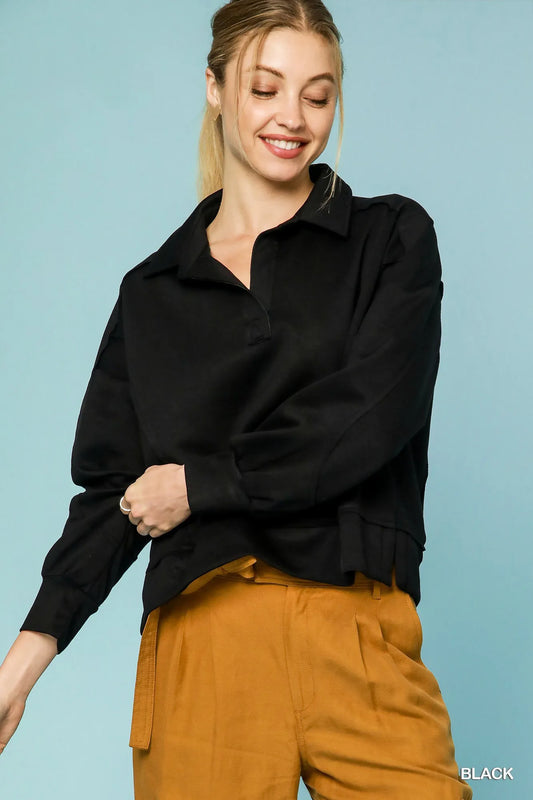 Umgee Collared Neck Long Sleeve Top with Raw Hem Detail Black