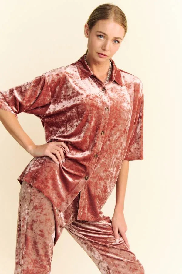Davi & Dani Crushed Velvet Button Front Easy Lounge Shirt Top