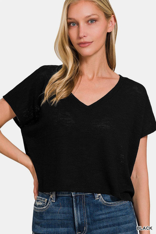 Zenana V-Neck Short Sleeve Crop T-Shirt Black