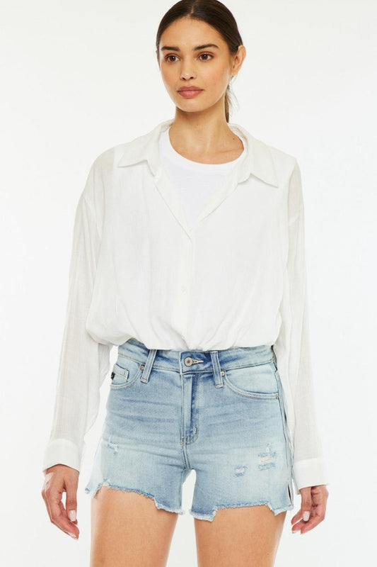 Kancan High Rise Side Slit Denim Shorts Medium