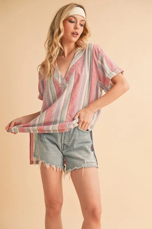 Aemi+Co Side Slit Striped Short Sleeve Blouse
