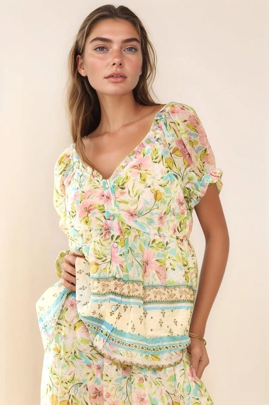 Davi & Dani Spring Floral Border Print Ruffled Textured Top MINT GREEN