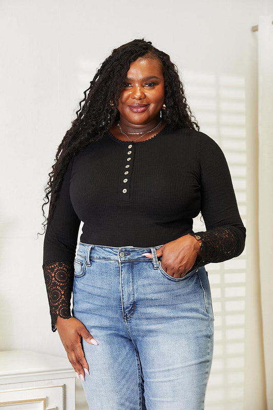 Double Take Crochet Lace Hem Sleeve Button Top Black