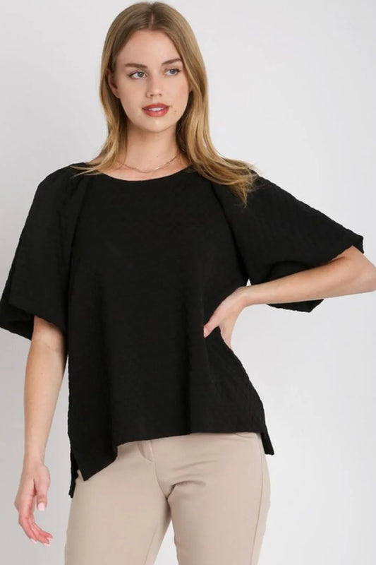 Umgee Full Size Boxy Cut Jacquard Round Neck Top with Side Slit Plus Size Black