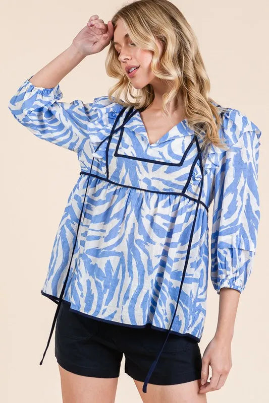 Lime 'N' Chili Graphic Print Solid Trim Quarter Sleeve Blouse