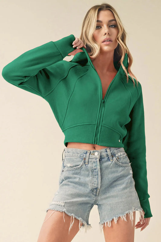 Aemi + Co Zip Up Raglan Sleeve Cropped Hoodie Green