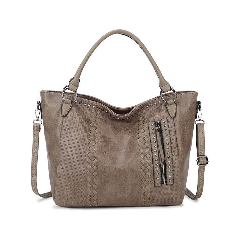 Ladies Trend One Shoulder Crossbody Tote Bag - PU Large Rivet Horizontal Square Bag