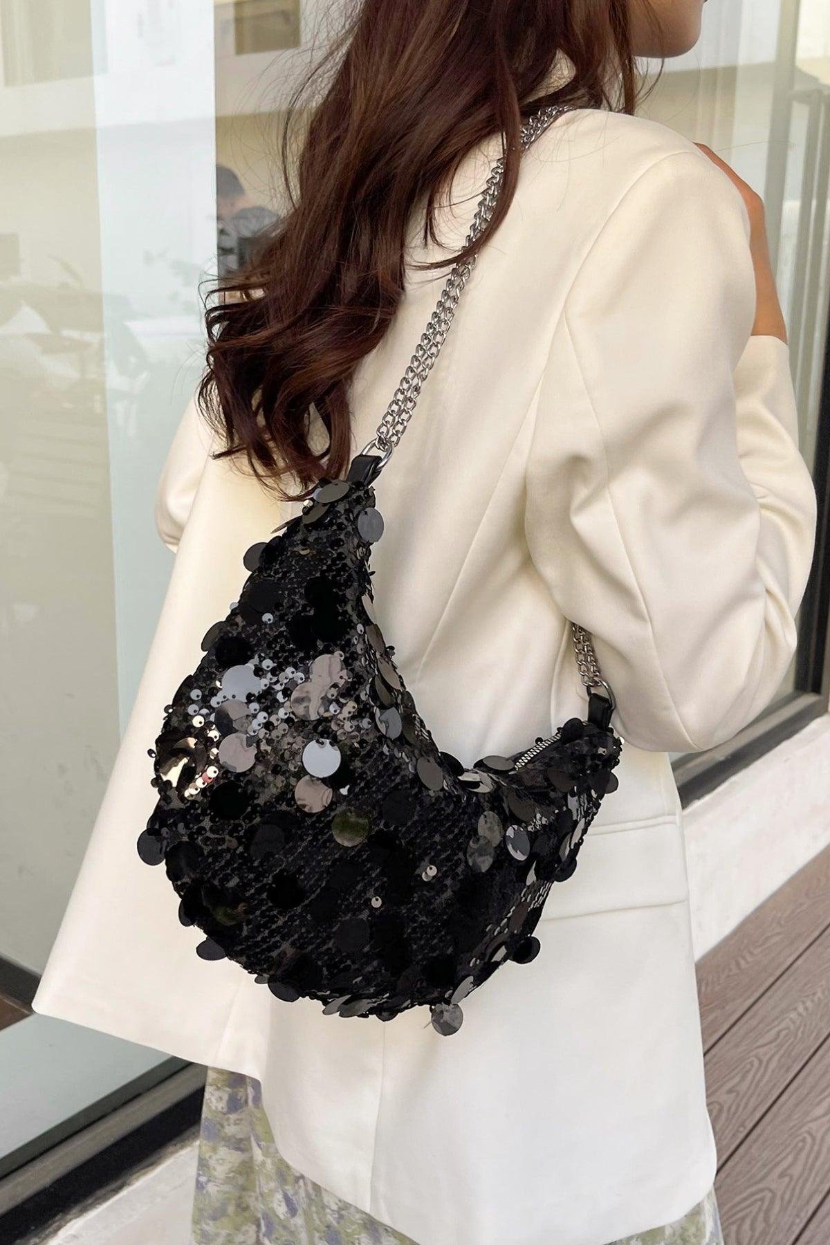 Sequin Chain Crossbody Bag Black One Size
