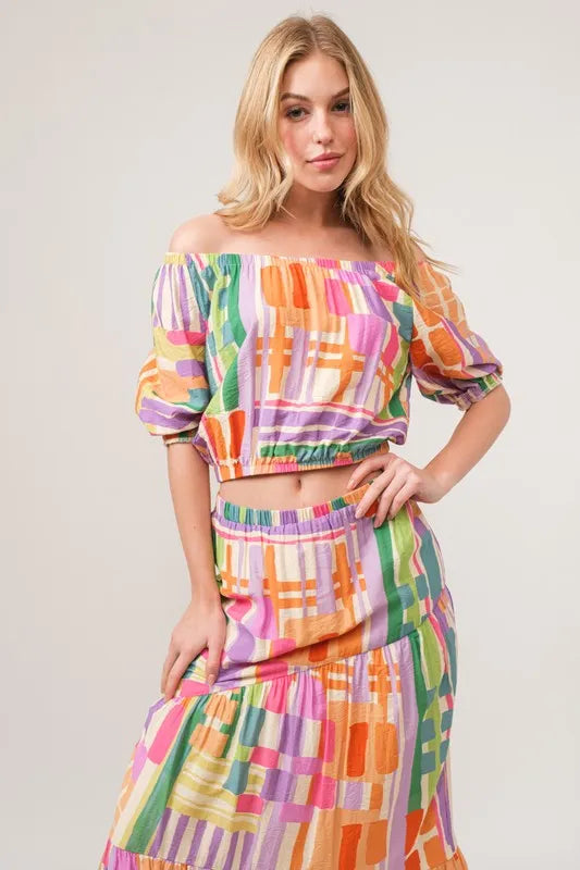 And The Why Puff Sleeve Elastic Edges Geo Printed Crop Top MULTI