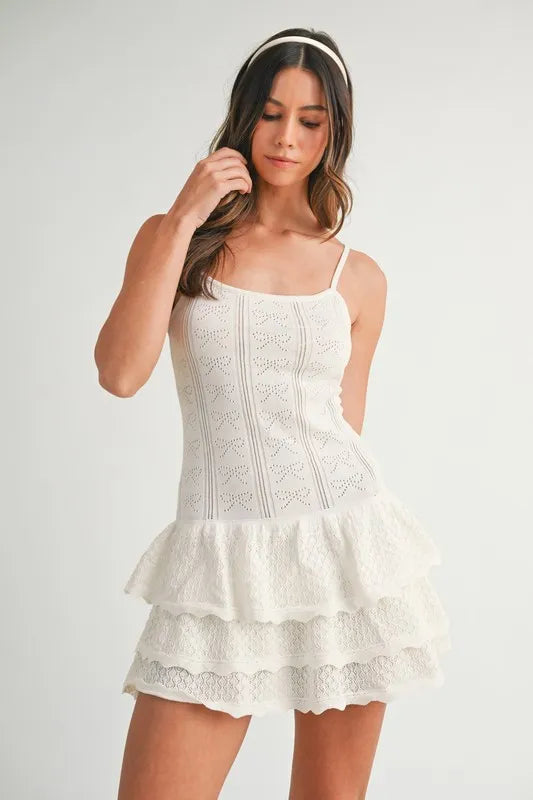 MABLE Bow Pointelle Knit Ruffle Mini Dress