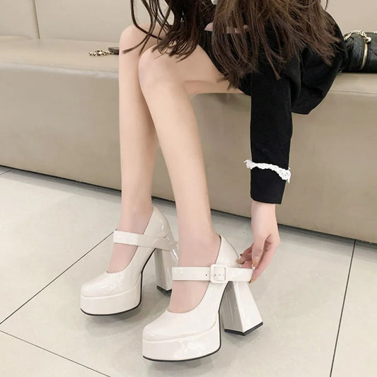 Square Toe Block Heels Pumps White